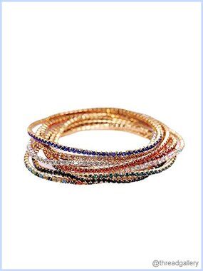 Rhinestone Crystal Tennis Bracelet Set Beaded Stretch Strand Stackable 8 Pc
